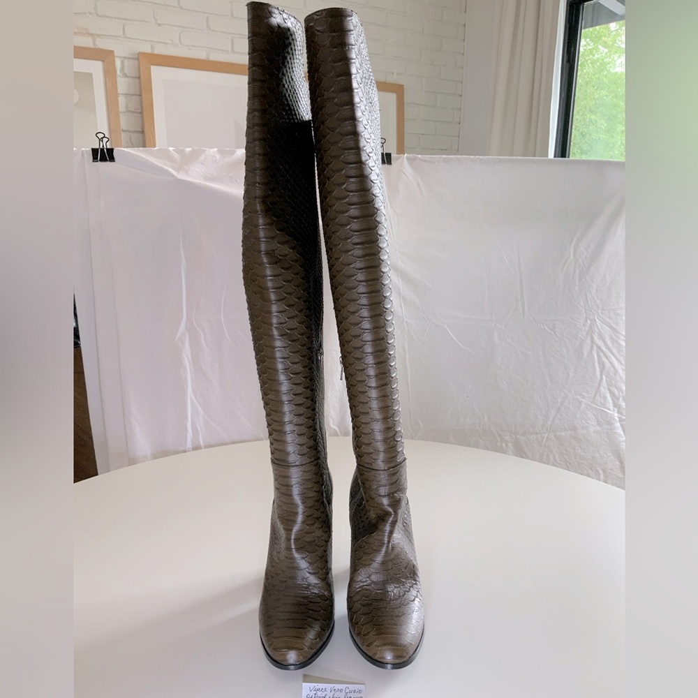 Vince Dempsey Boots - python print, dark brown, high heeled above the knee boot.